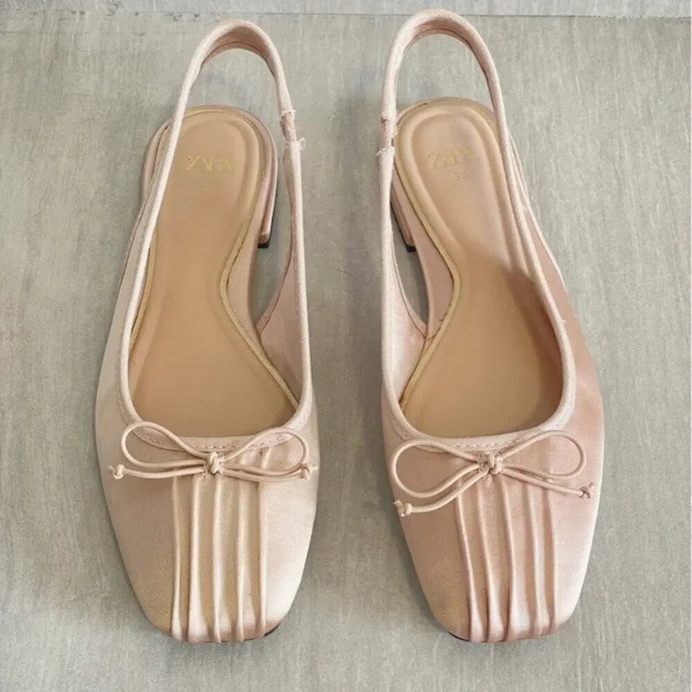 ZARA Blush Pink Satin Slingback Ballet Flats Bow Rounded Toe NWT 7.5